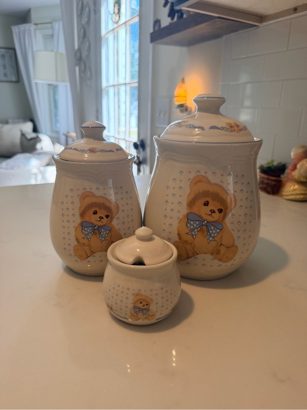 Teddy Bear Ceramic Canister Set in Cream and Blue
